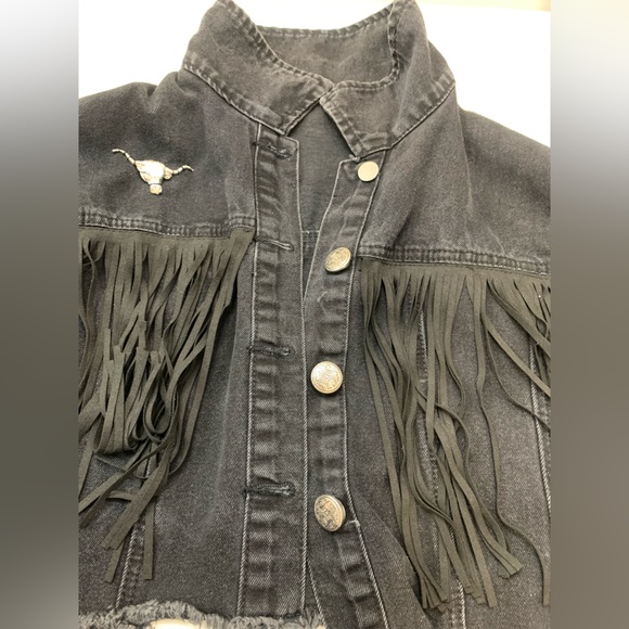 Black Denim Cow Horse Fringe Distressed Jean Jacket Longhorn Rodeo Western Bull - Picture 4 of 11